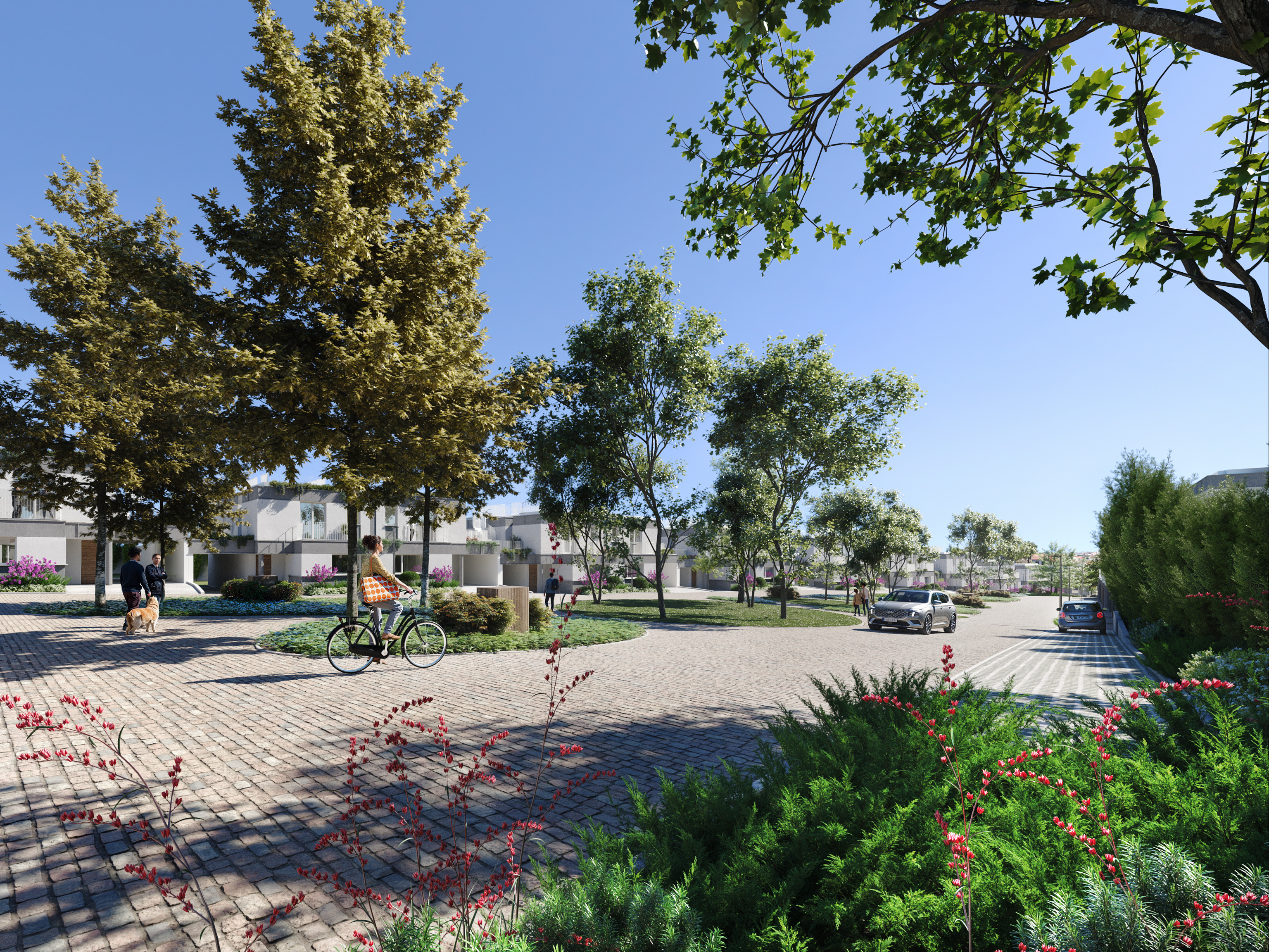 Render realista da rua central com pessoas e carros do projeto Splendouro Village