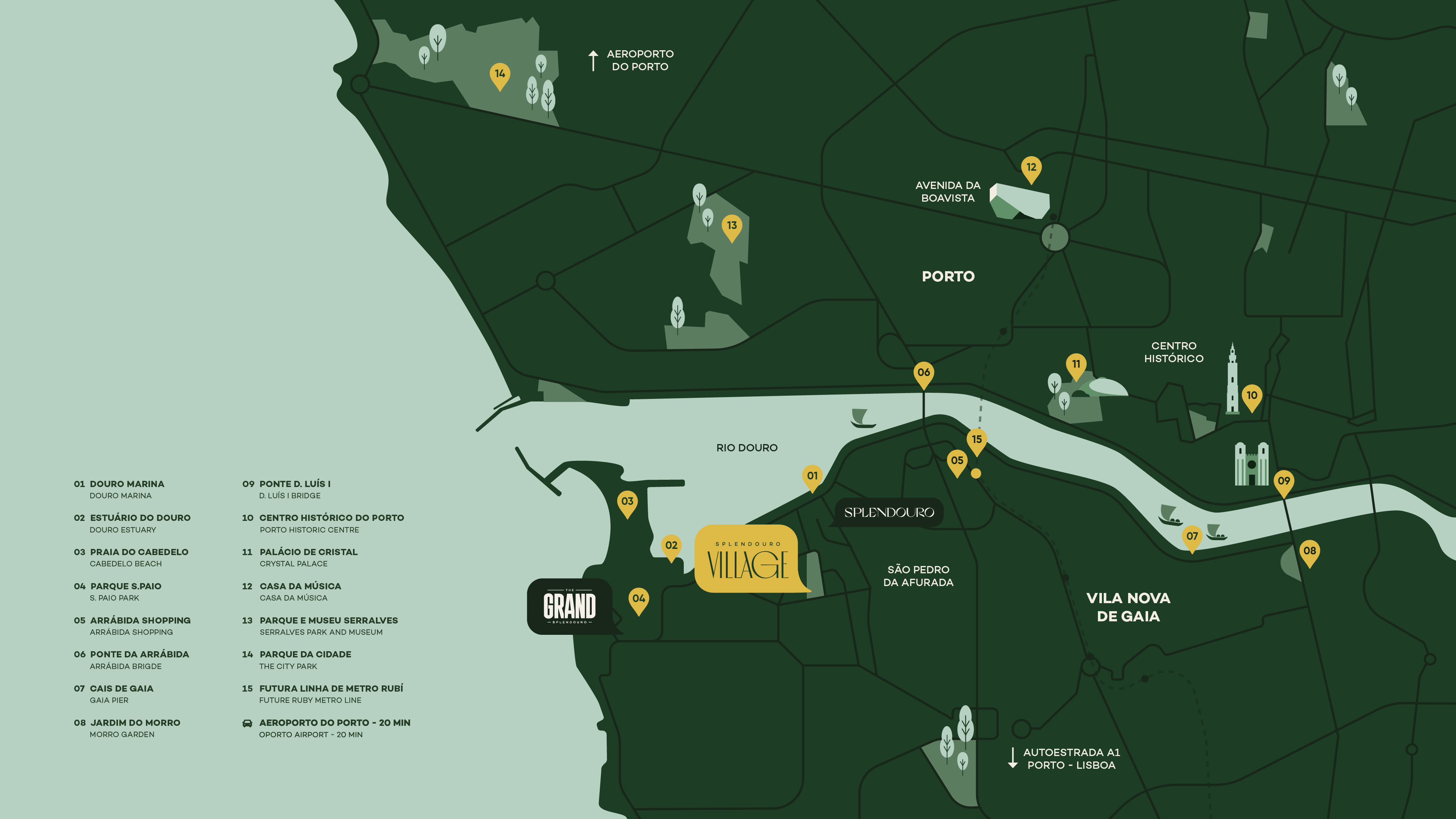 Ilustração da localização do Splendouro Village no mapa do Porto, demarcando o Splendouro Marina Houses e The Grand Splendouro, além de outros pontos de interesse